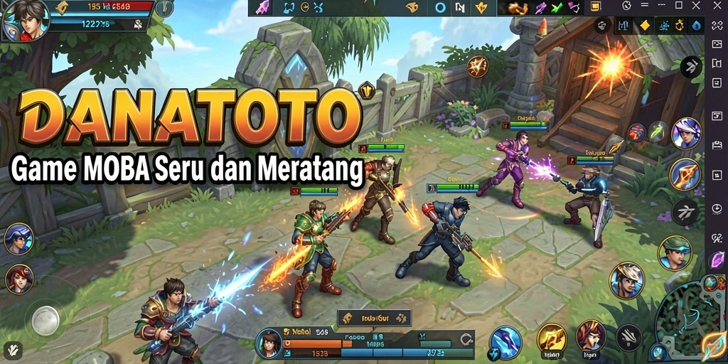 Screenshot gameplay seru dari DANATOTO, menunjukkan aksi pertarungan MOBA.
