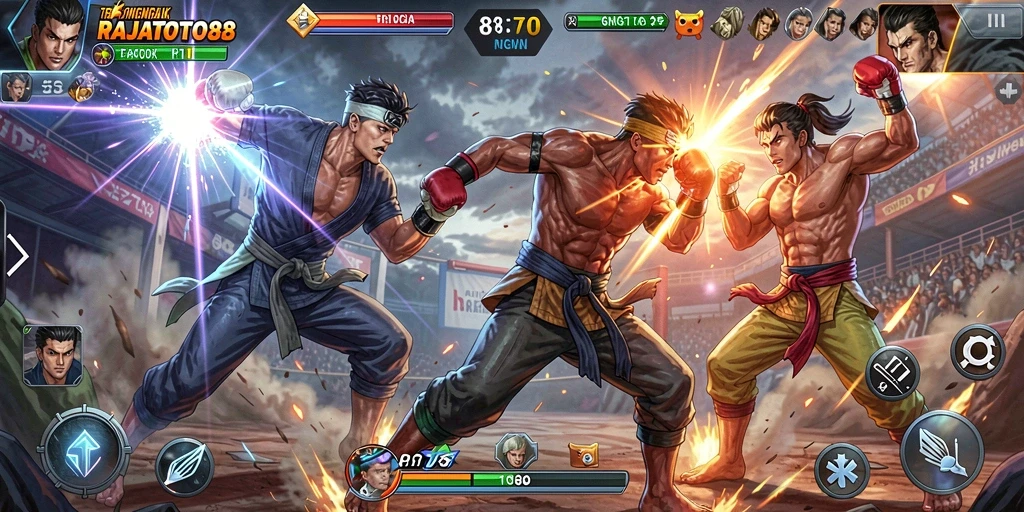 Tampilan gameplay mendebarkan dari RAJATOTO88 dalam aksi pertarungan.